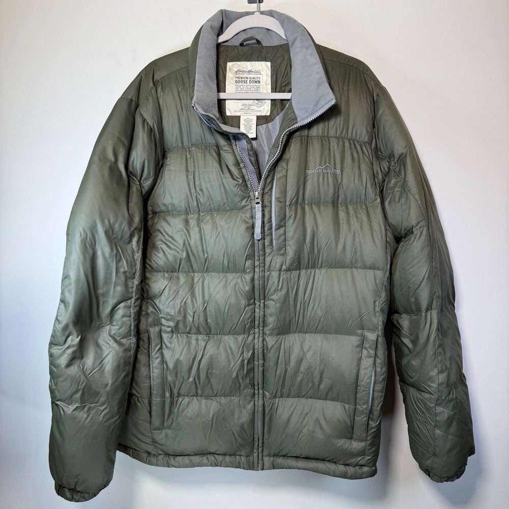 Eddie Bauer Puffer Jacket Mens Large Olive Green Goose Down‎ Ripstop Zip Hiking